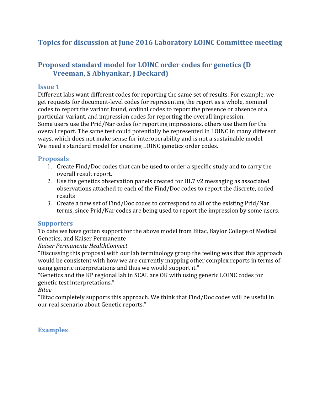 Topics for Discussion at June 2016 Laboratory LOINC Committee Meeting