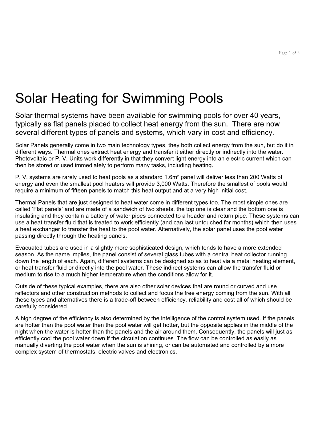 Solar Heating for Swimming Pools
