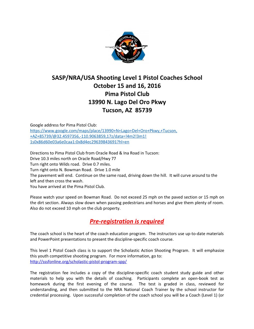 SASP/NRA/USA Shooting Level 1 Pistol Coaches School