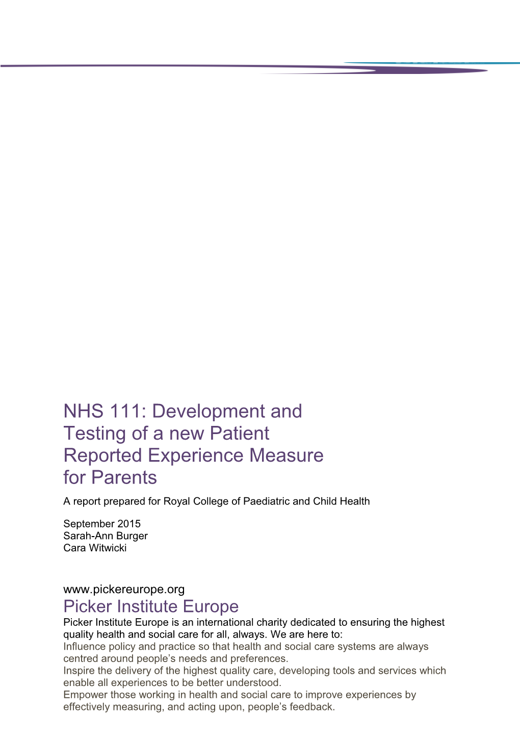 NHS 111: Development and Testing of a New Patient Reported Experience Measure for Parents