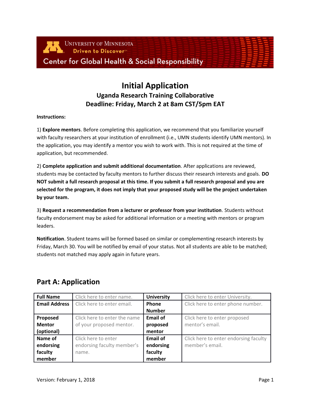 Initial Application Uganda Research Training Collaborative Deadline: Friday, March 2 At