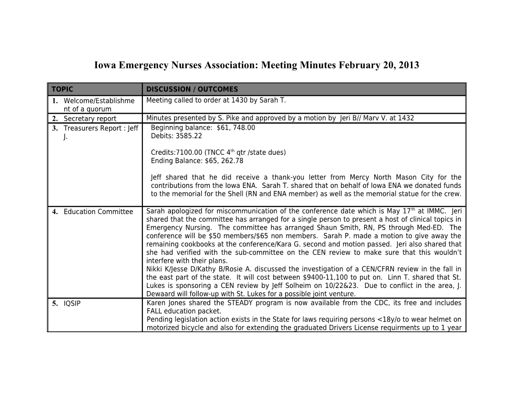 Iowa Emergency Nurses Association: Meeting Minutes February 20, 2013