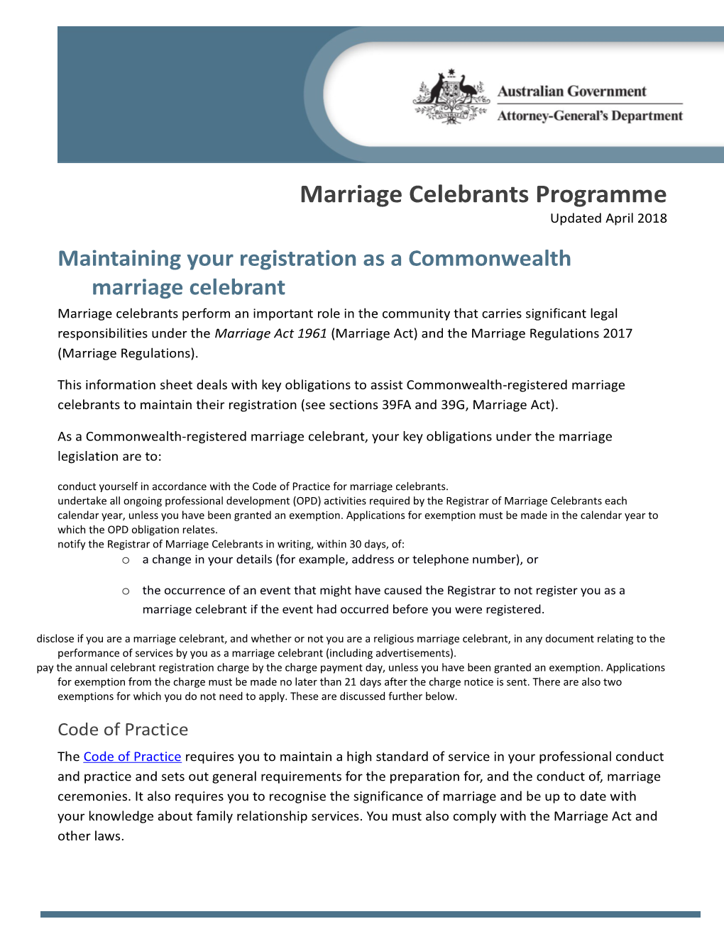 Maintaining a Registration As a Commonwealth Marriage Celebrant - Updated April 2018