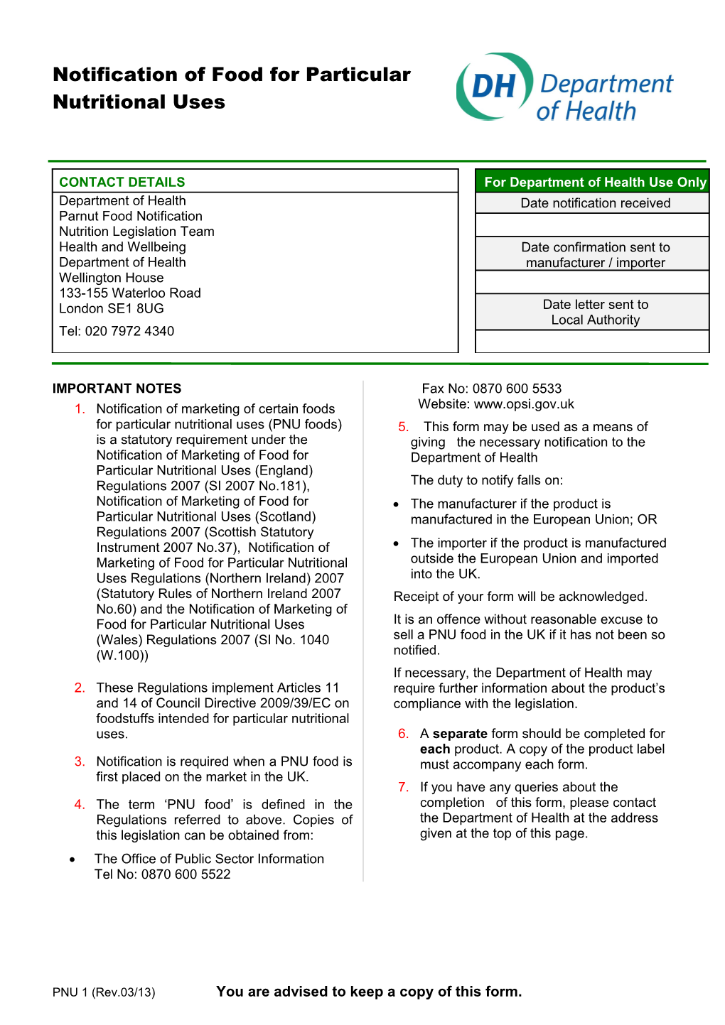 Notification of Food for Particular Nutritional Uses