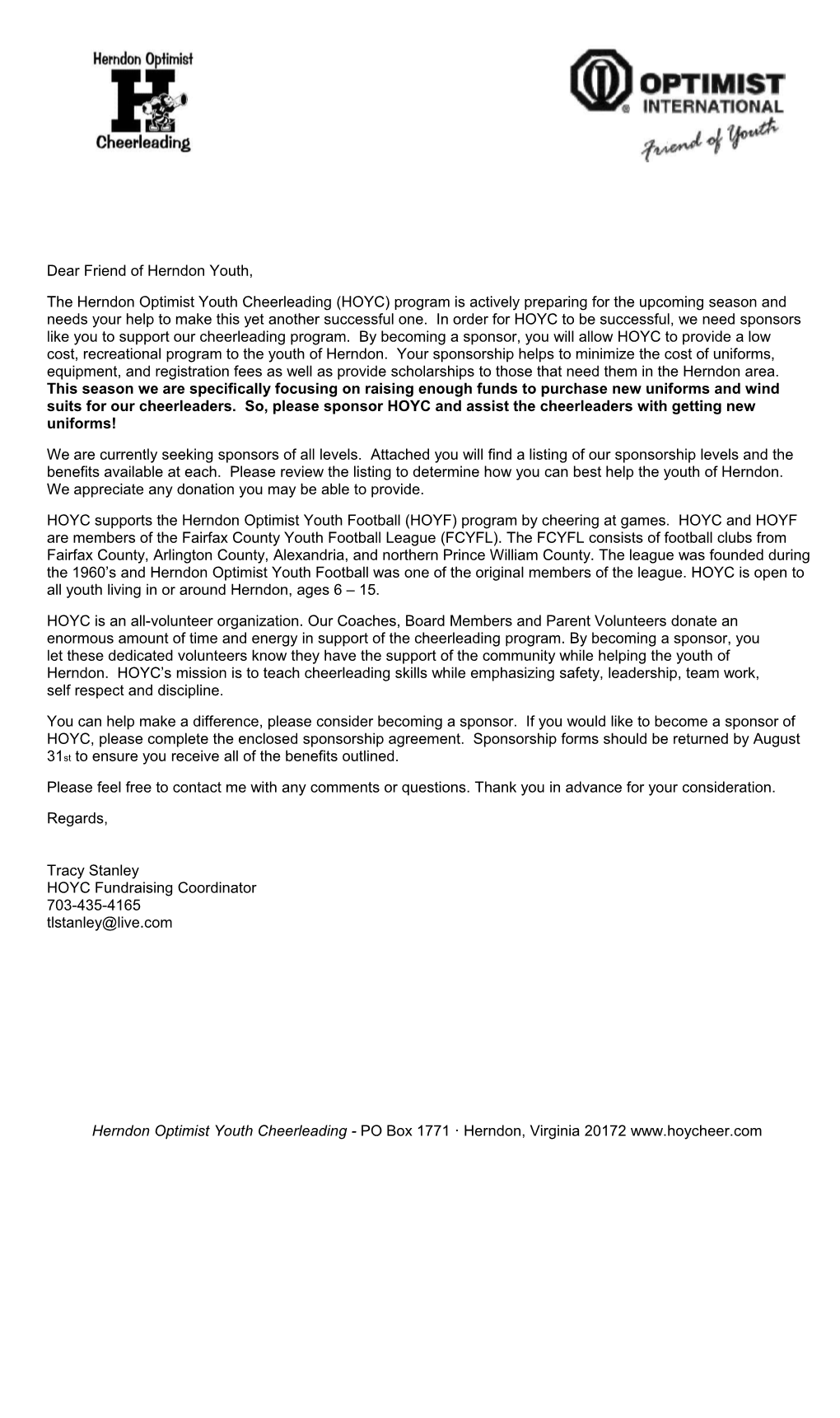 HOYC Sponsor Letter-Benefits 2008