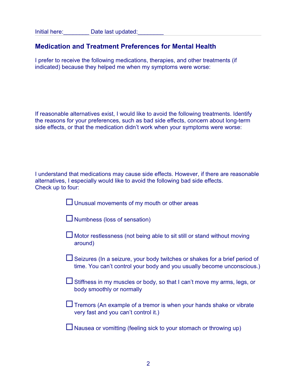 VA Advance Directive Worksheet - Mental Health Preferences - US Department of Veterans Affairs