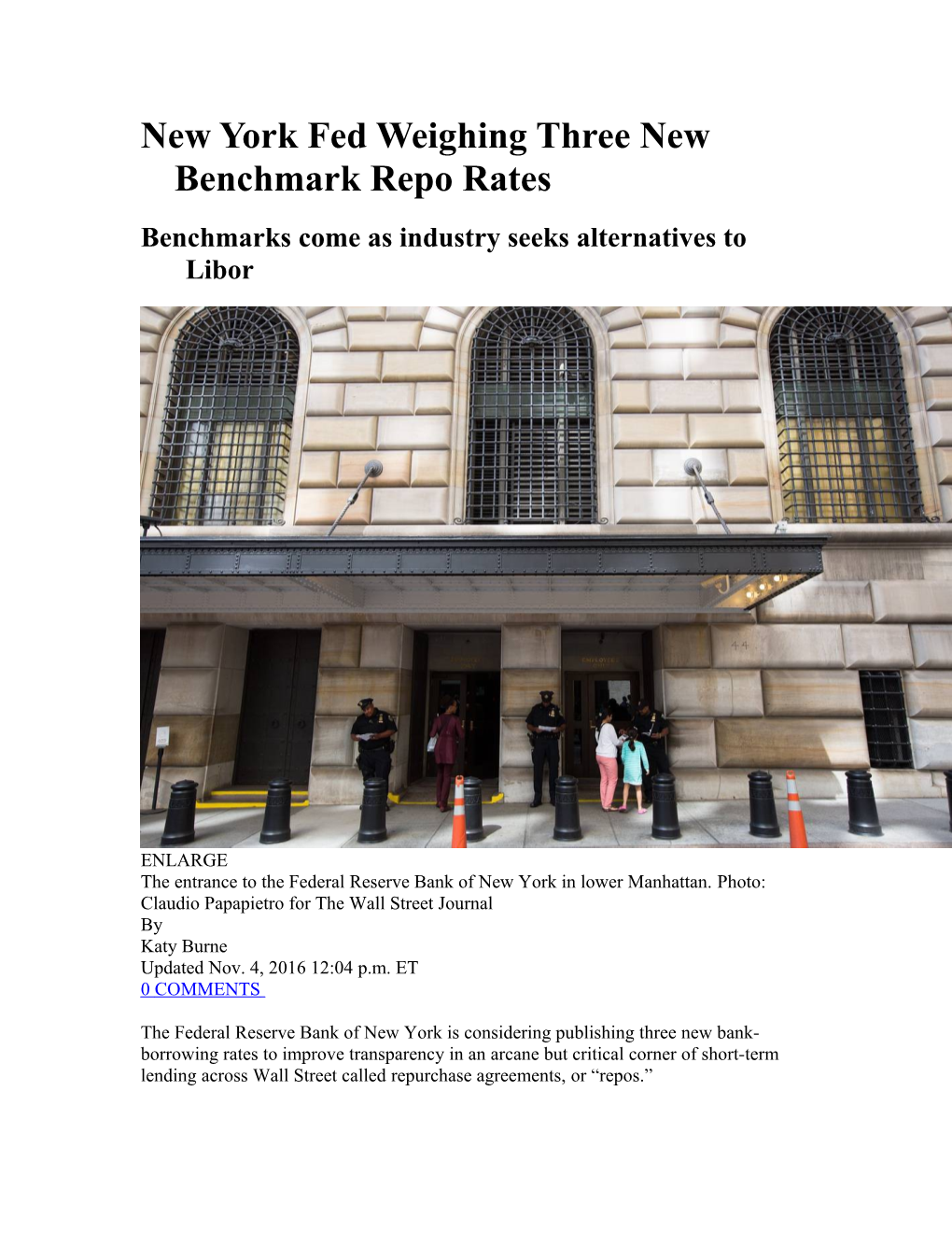 New York Fed Weighing Three New Benchmark Repo Rates