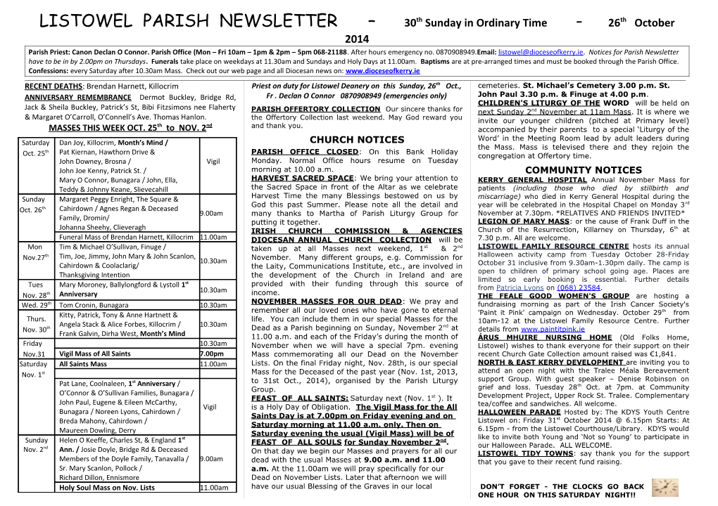 LISTOWEL PARISH NEWSLETTER 30Th Sunday in Ordinary Time - 26Th October 2014