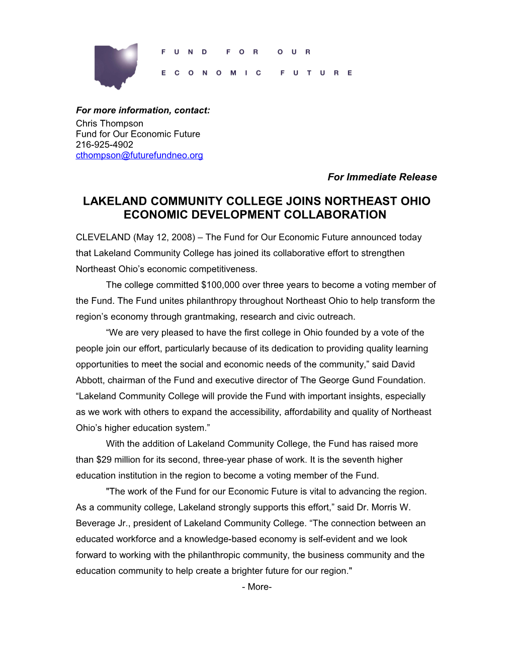 051208 Lakeland Community College Joins Northeast Ohio Economic Development Collaboration