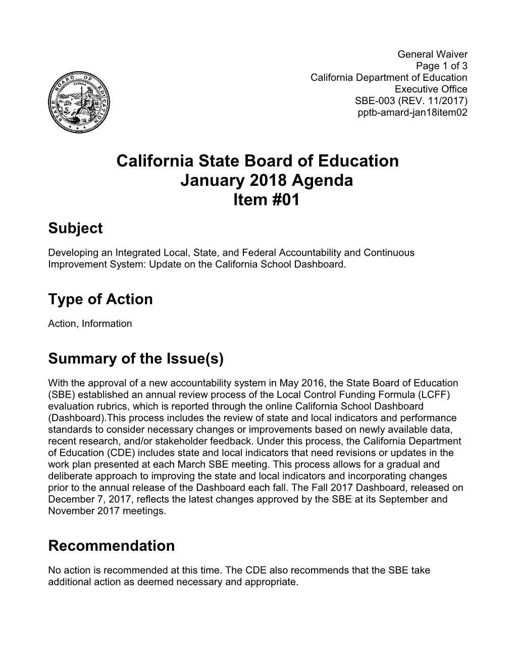 January 2018 Agenda Item 01 - Meeting Agendas (CA State Board of Education)
