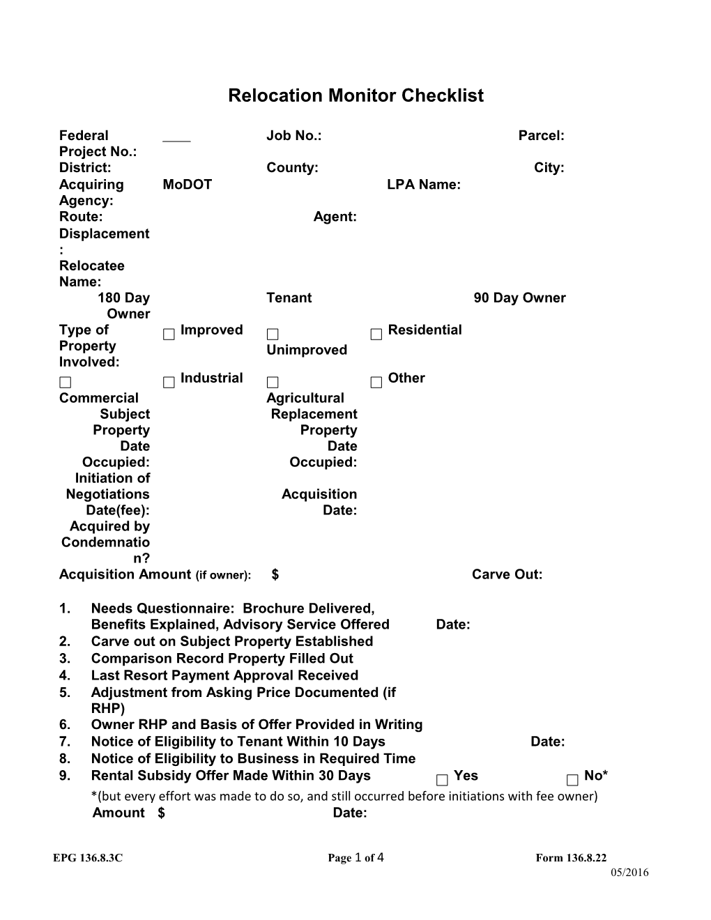 Relocation Monitor Checklist