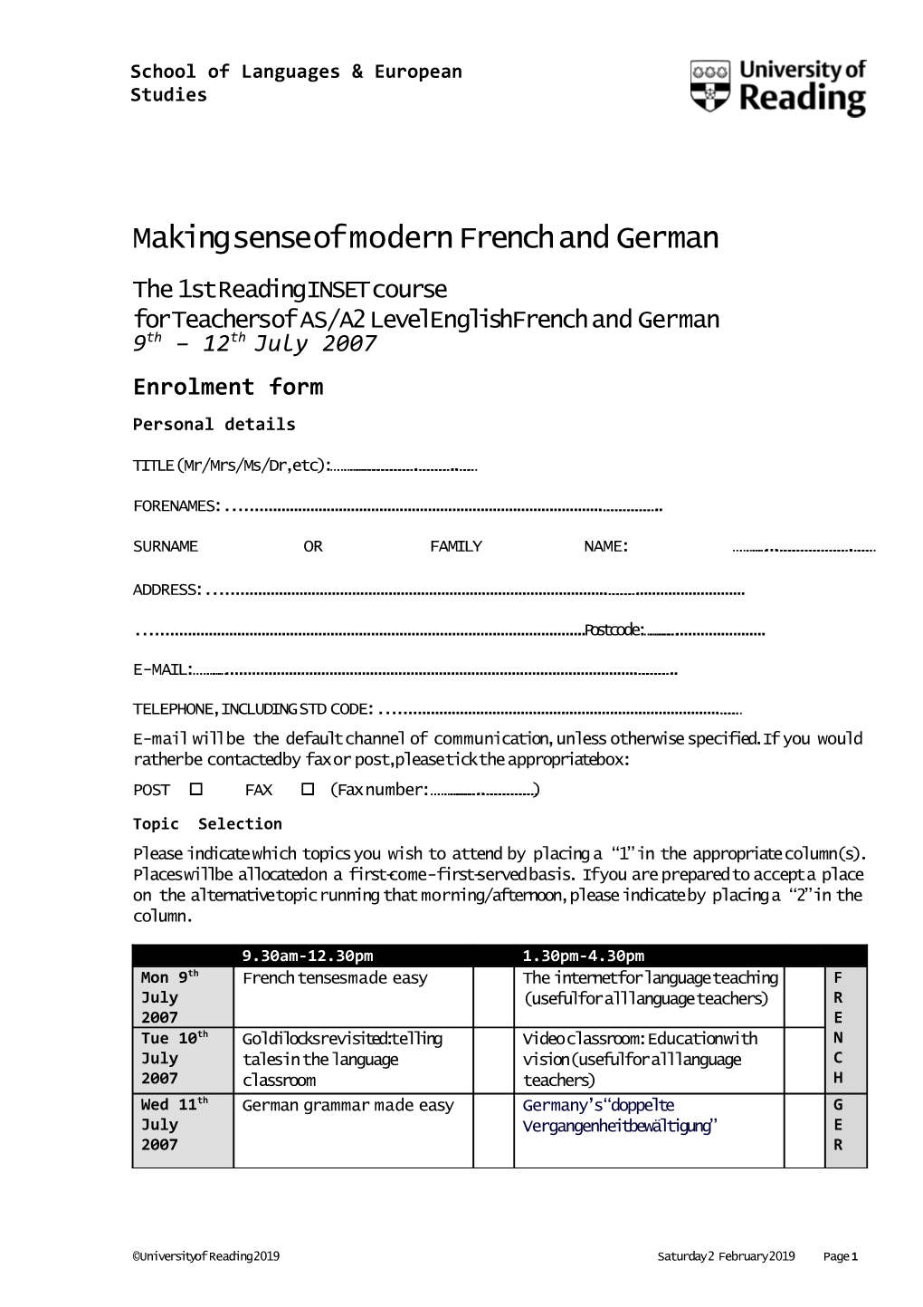 INSET Enrolment Form 2007