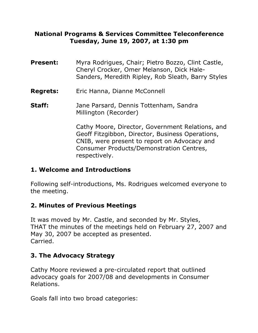 Notes on PSC Meeting, June 19, at 1:30 Pm