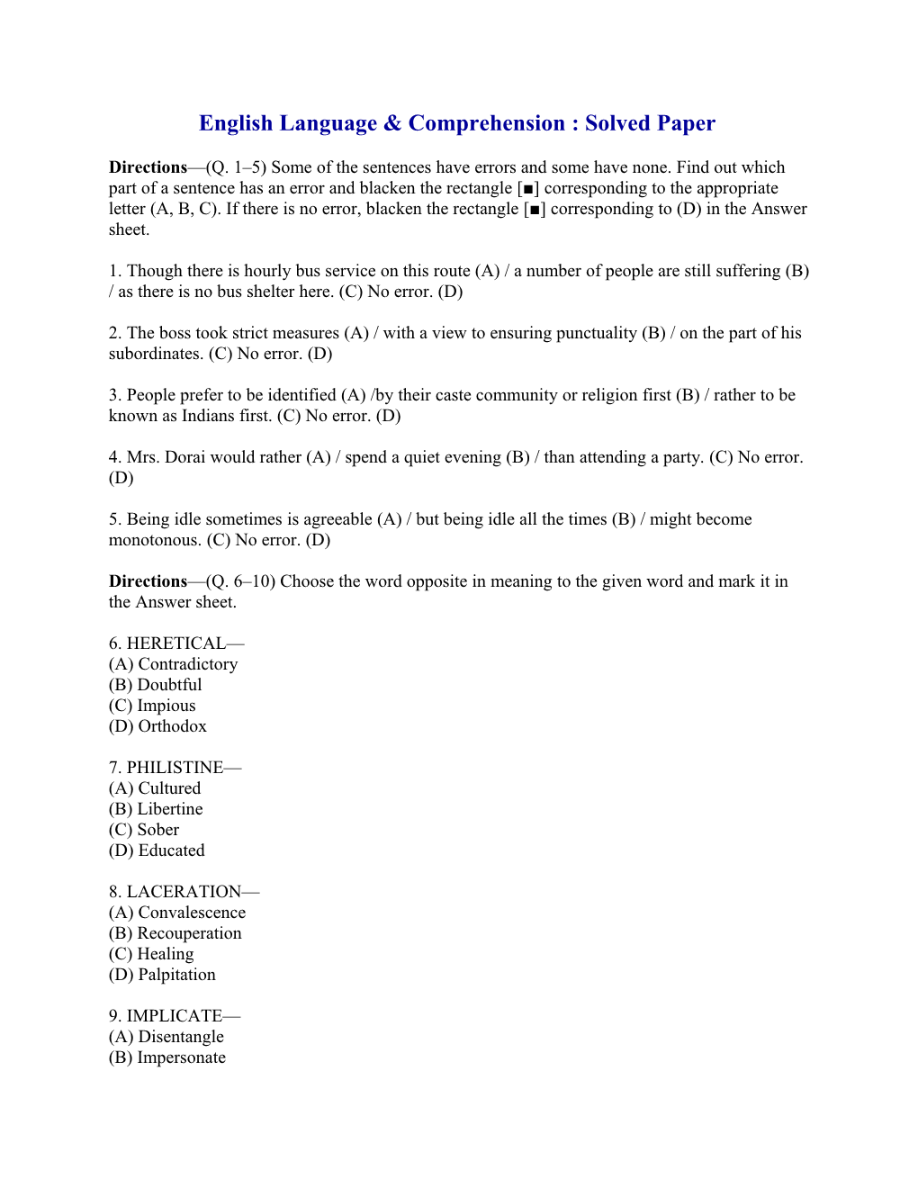 English Language & Comprehension : Solved Paper