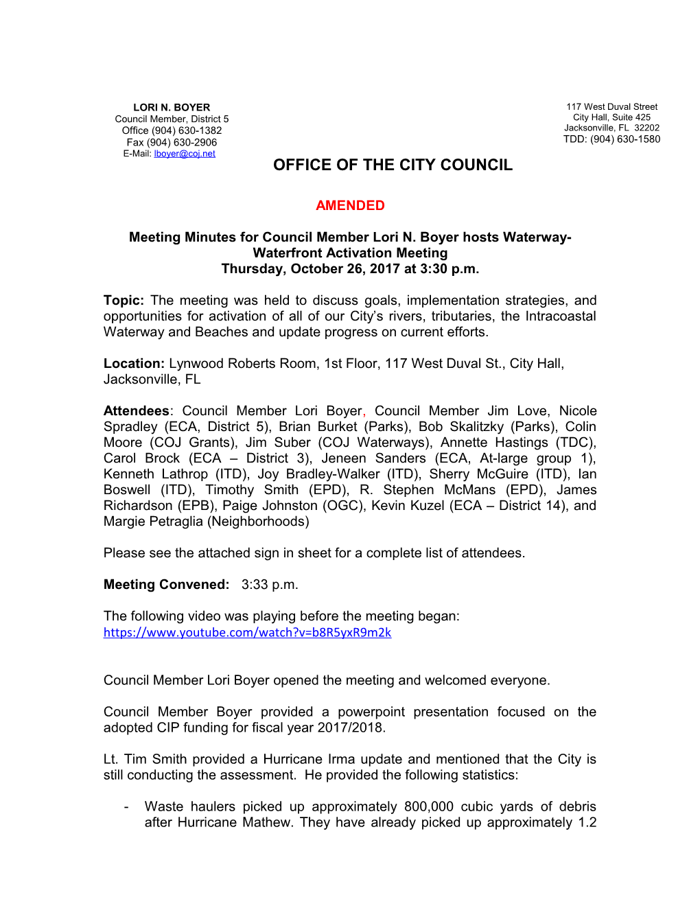 Meeting Minutes for Council Member Lori N. Boyer Hosts Waterway-Waterfront Activation Meeting