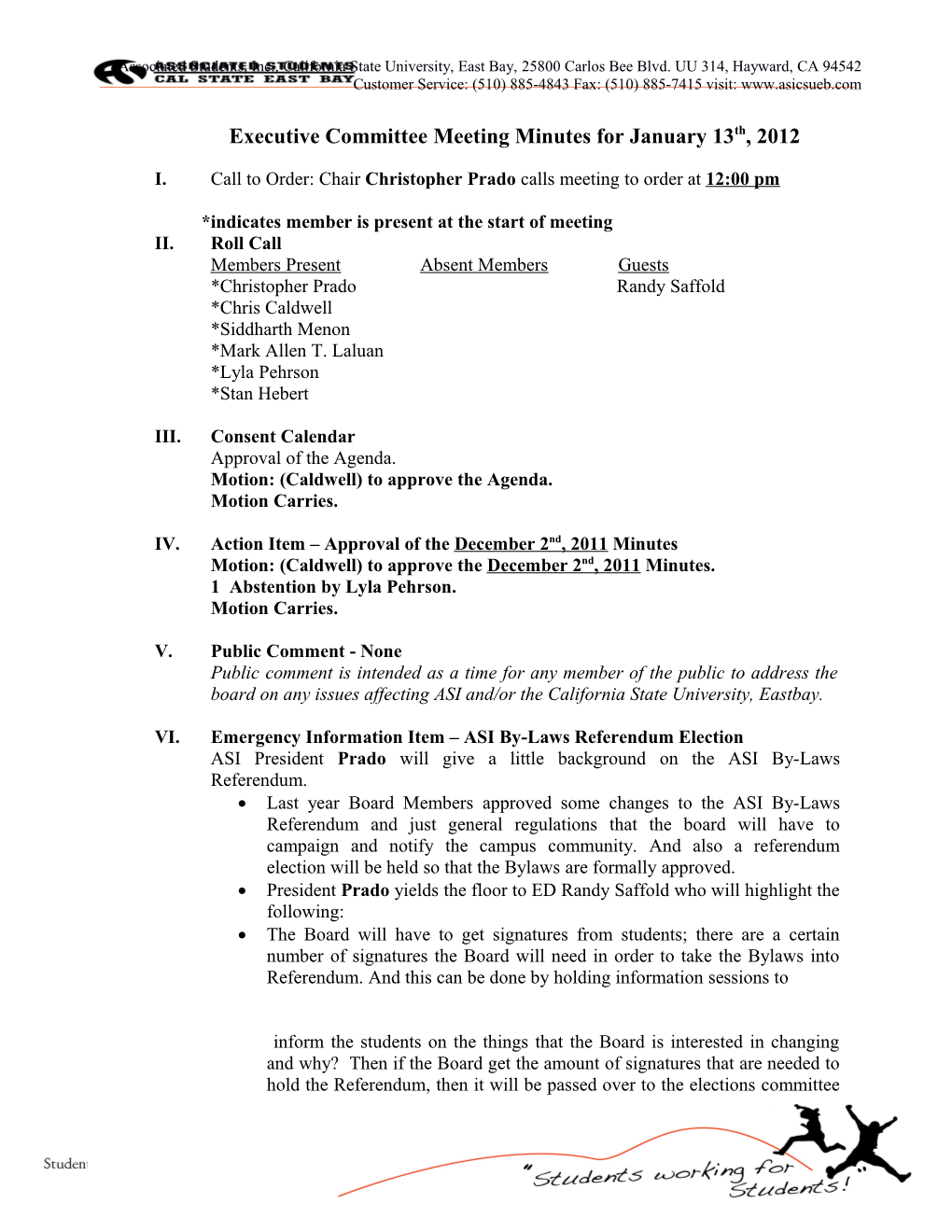 Executive Committee Meeting Minutes for January 13Th, 2012