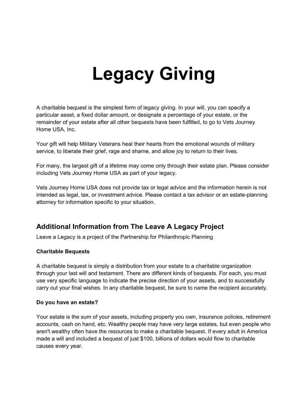 Additional Information from the Leave a Legacy Project