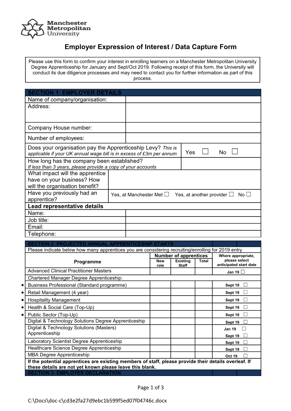 Employer Expression of Interest / Data Capture Form