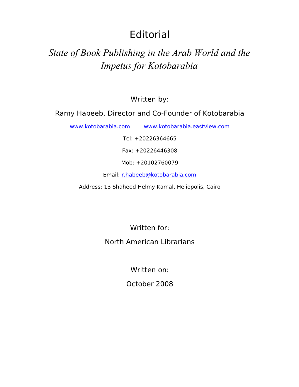 State of Book Publishing in the Arab World and the Impetus for Kotobarabia