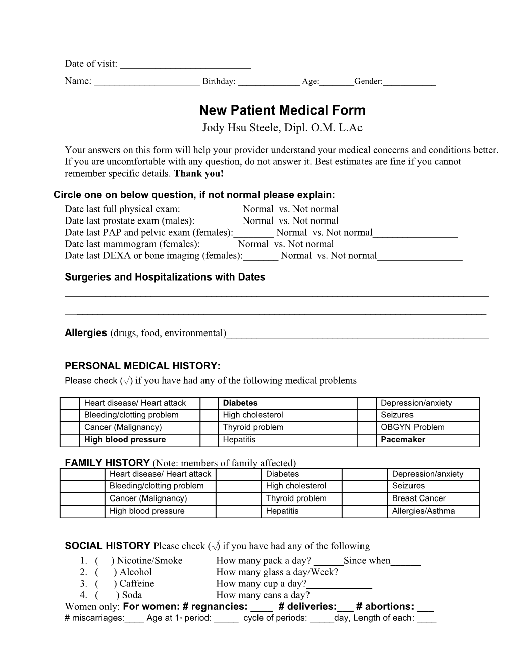 New Patient Medical Form