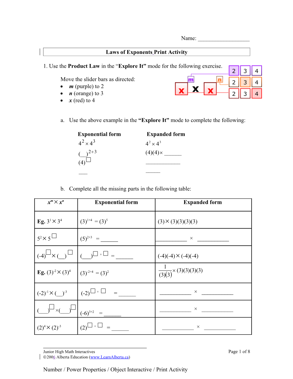 Laws of Exponents Print Activity