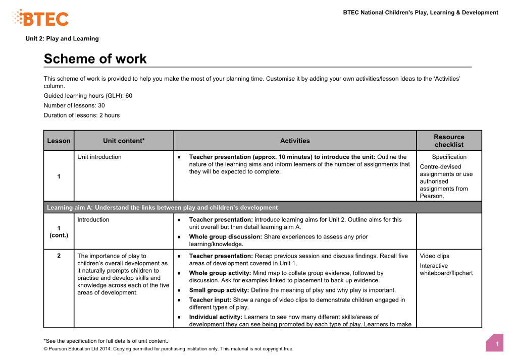 Unit 2: Play and Learning - Scheme of Work (Version 1 Sept 14)