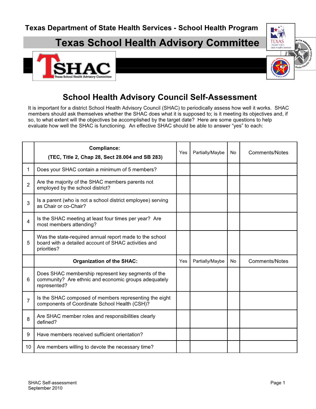 School Health Advisory Council Self-Assessment