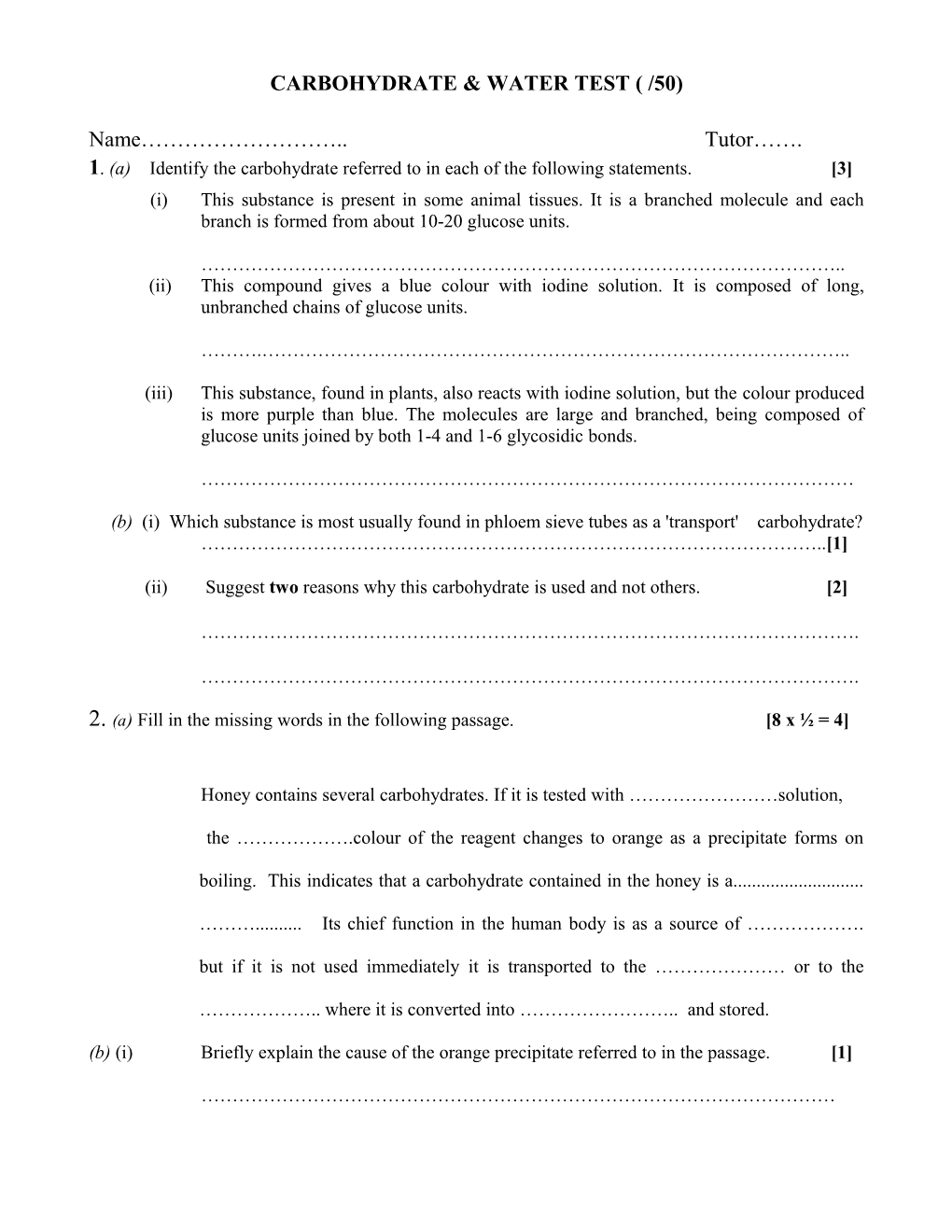 Carbohydrate & Water Test ( /50)