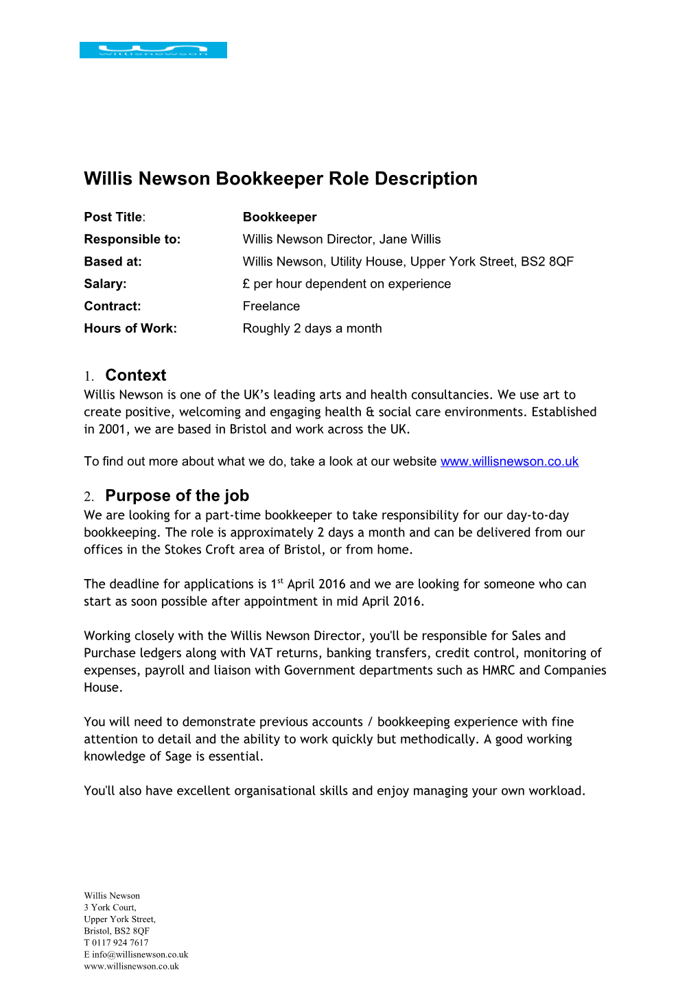 Willis Newson Bookkeeper Role Description