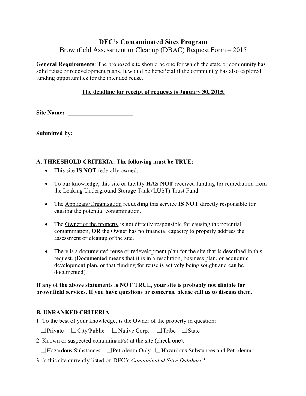 DEC Brownfield Assessment Or Cleanup Request Formfy2016