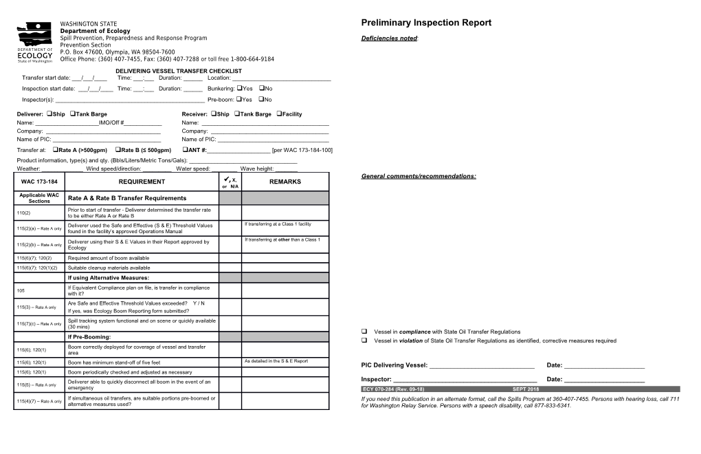 Delivering Vessel Transfer Checklist