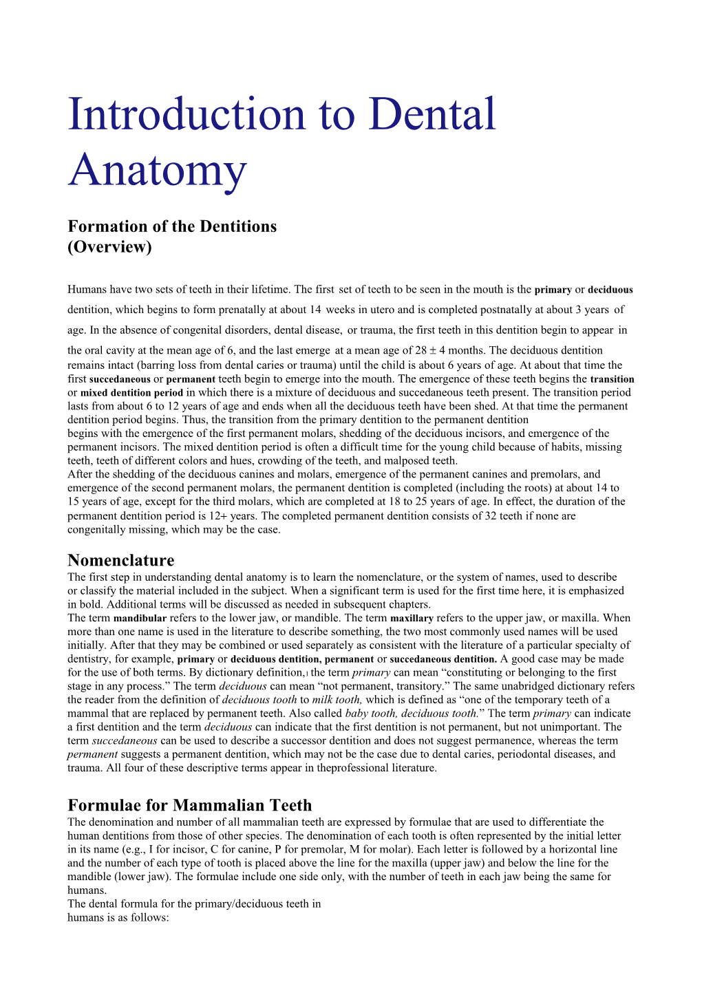 Formation of the Dentitions