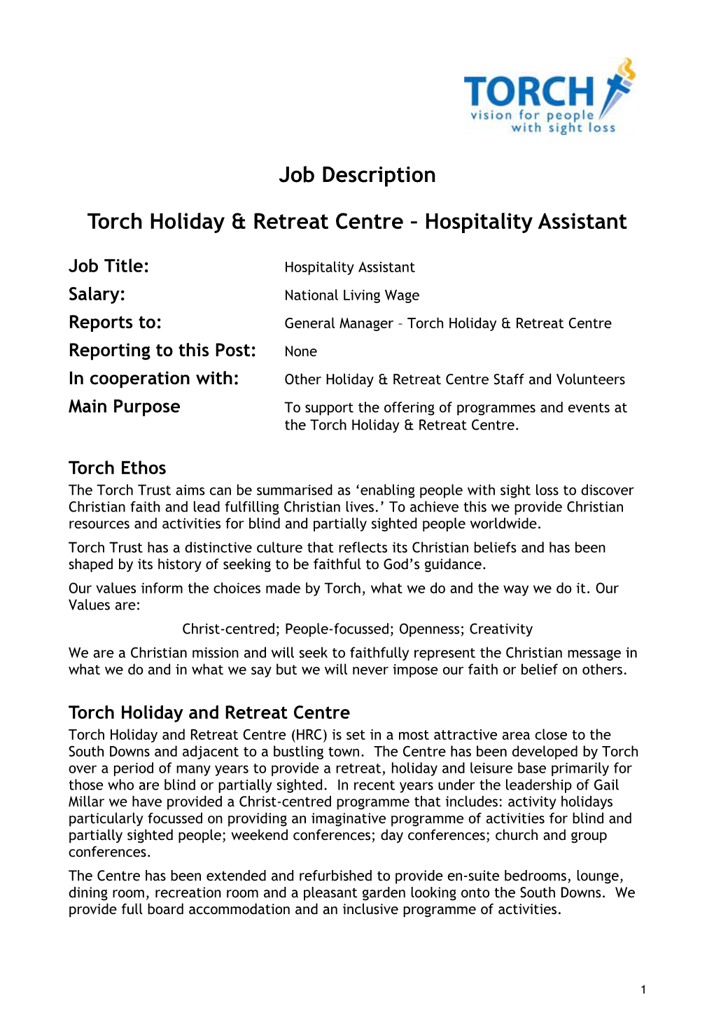 Torch Holiday & Retreat Centre Hospitality Assistant