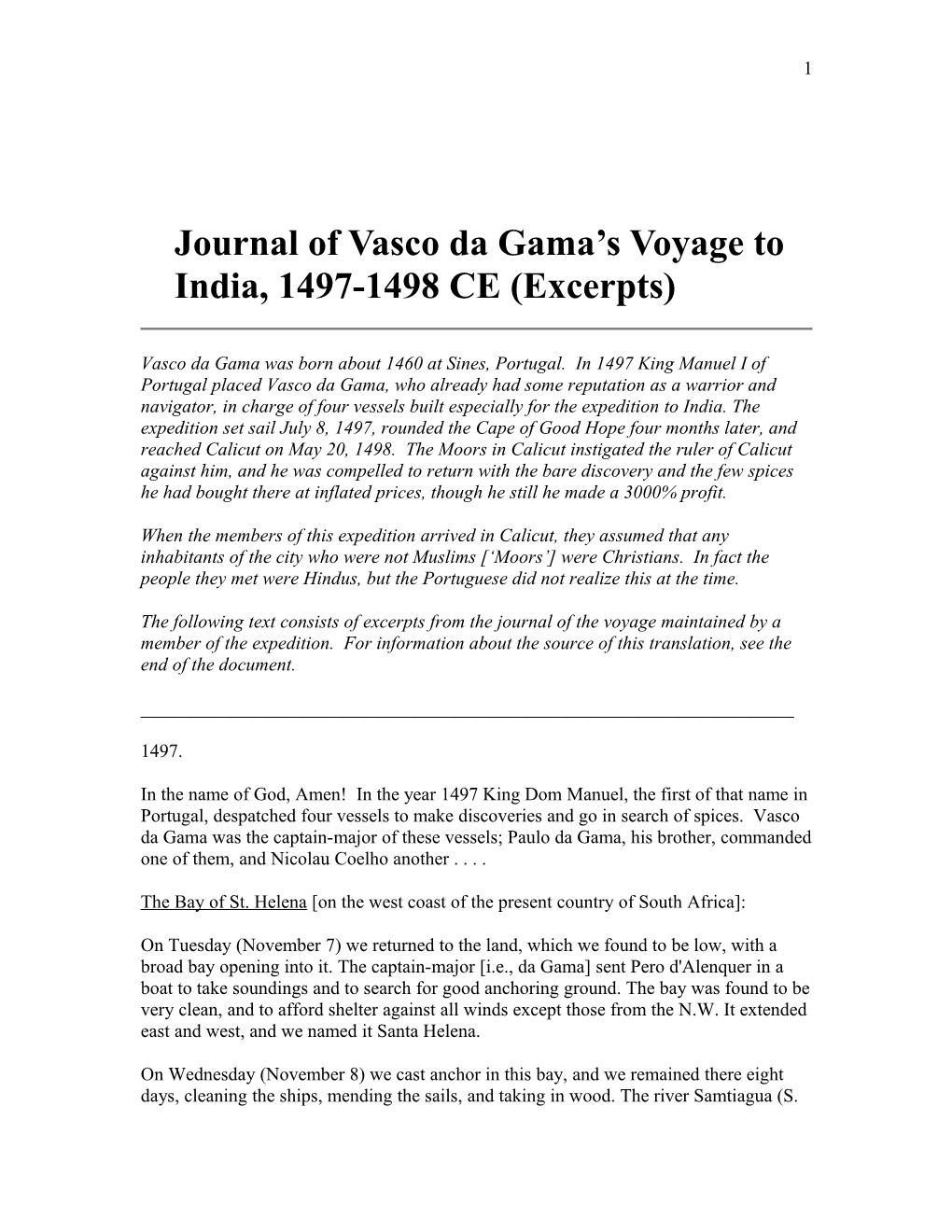 Journal of Vasco Da Gama S Voyage to India, 1497-1498 CE (Excerpts)
