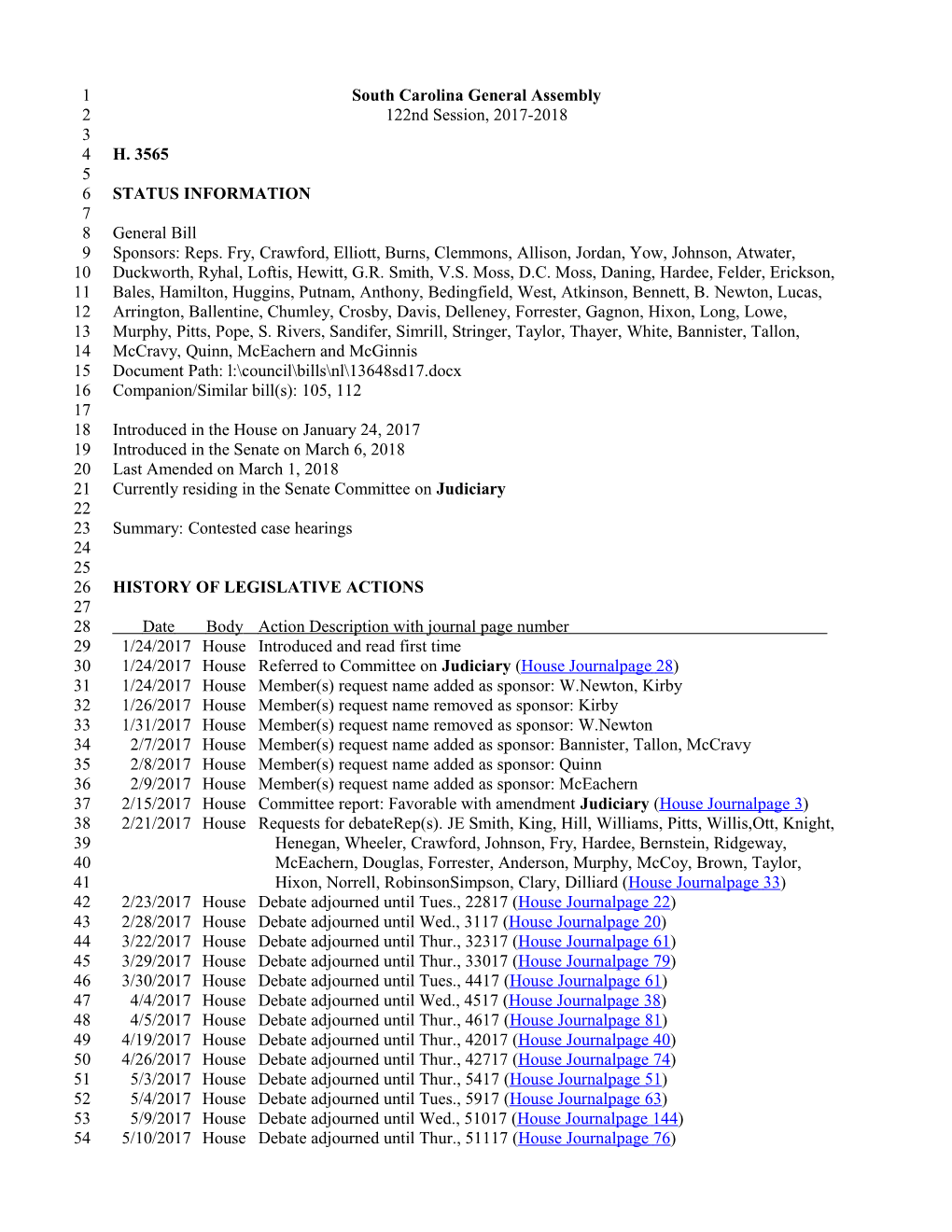 2017-2018 Bill 3565: Contested Case Hearings - South Carolina Legislature Online