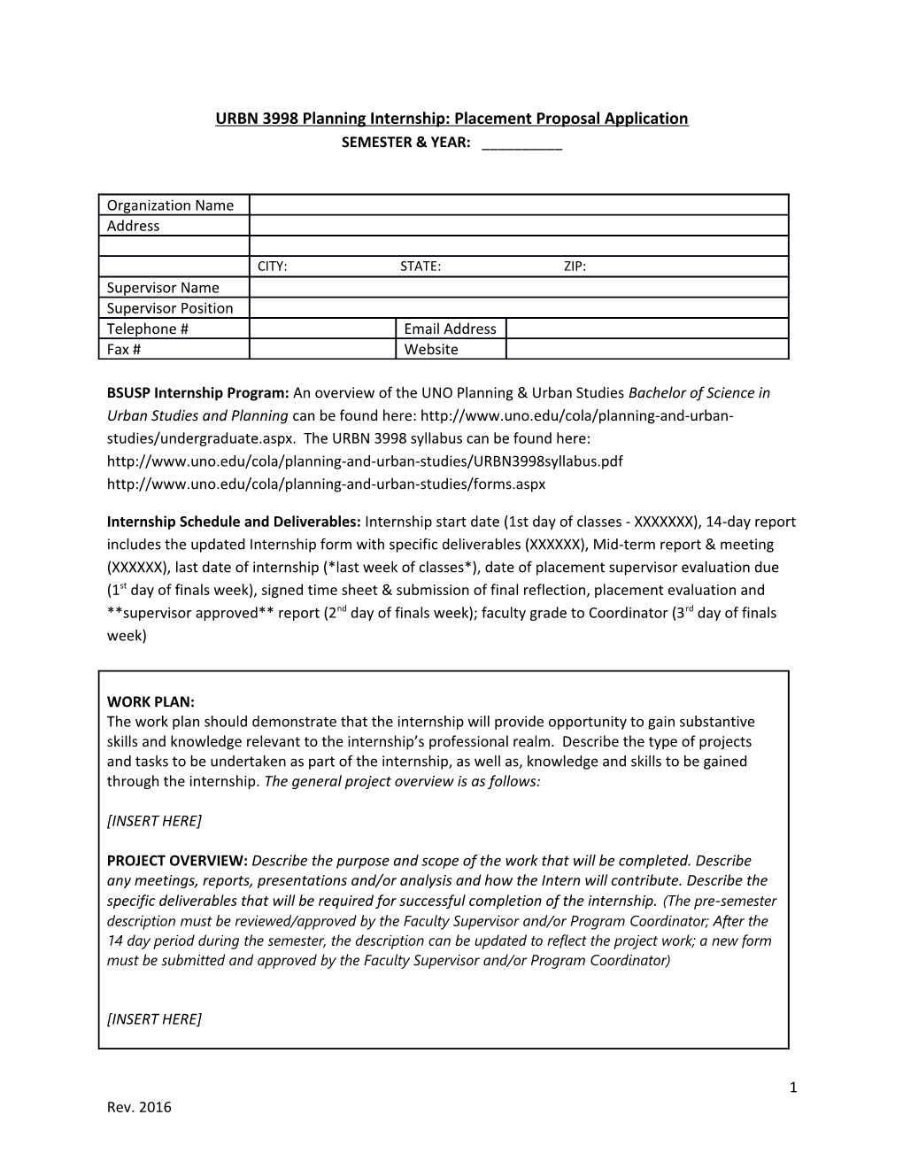 URBN 3998 Planning Internship: Placement Proposal Application