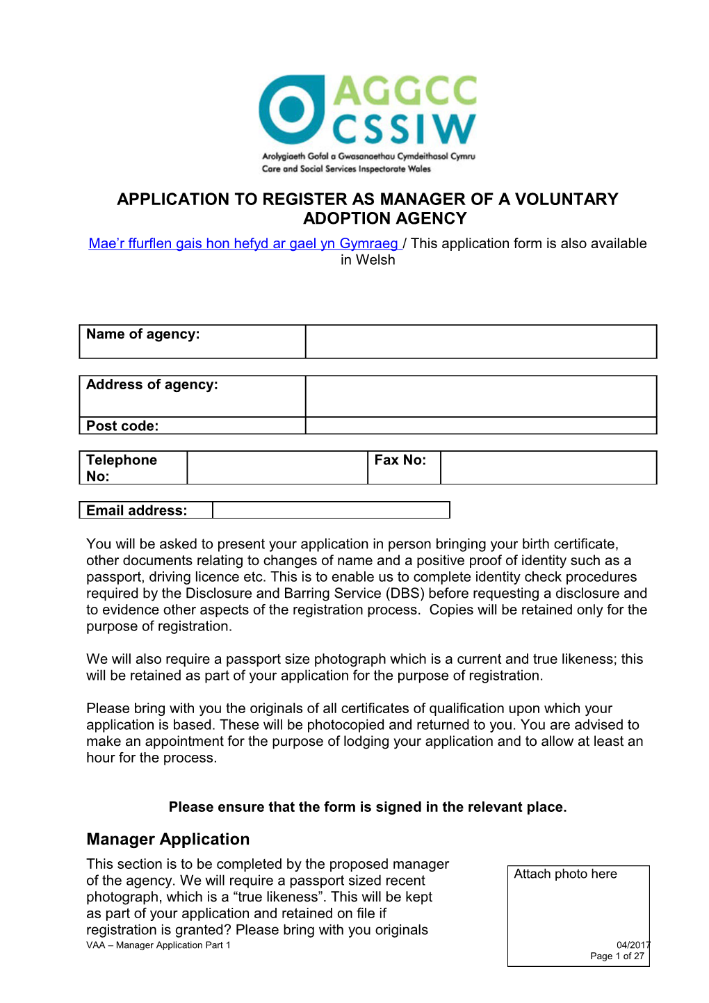 Application to Register As Manager of a Voluntary Adoption Agency