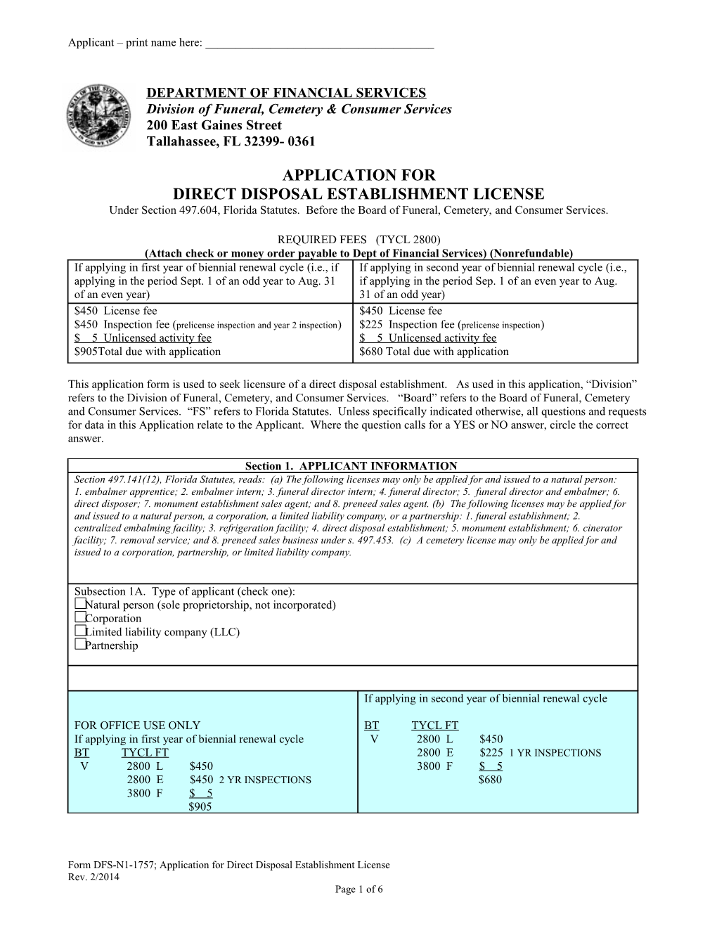 Application for Direct Disposal Establishment License