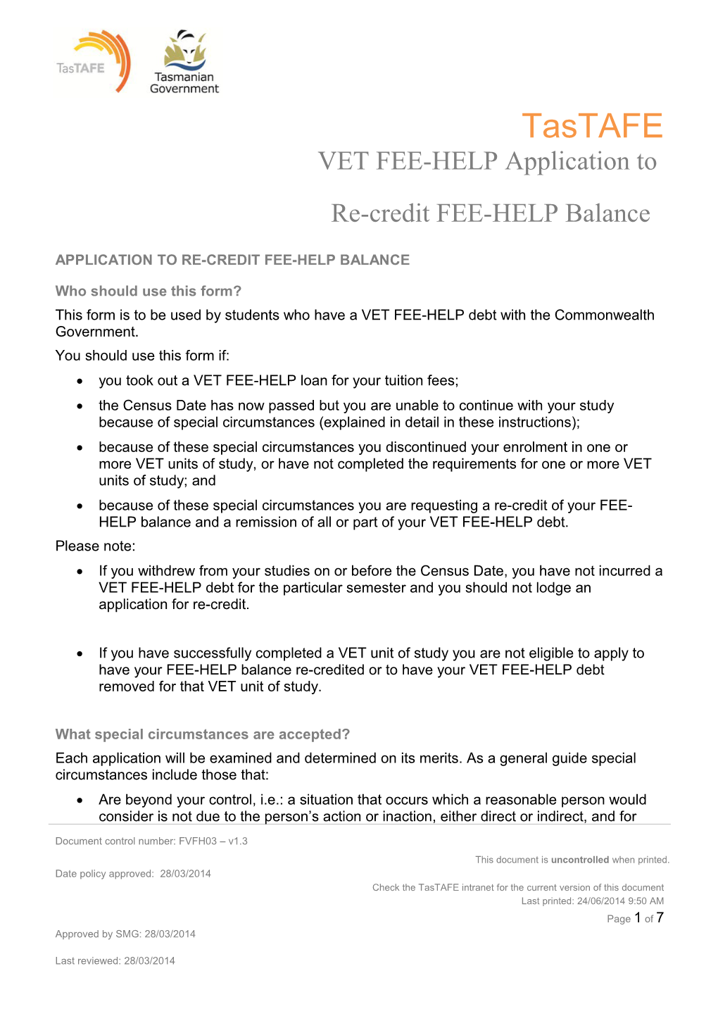 VET FEE-HELP Application to Re-Credit FEE-HELP Balance