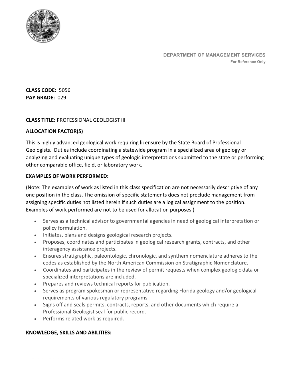 Class Title: Professional Geologist Iii