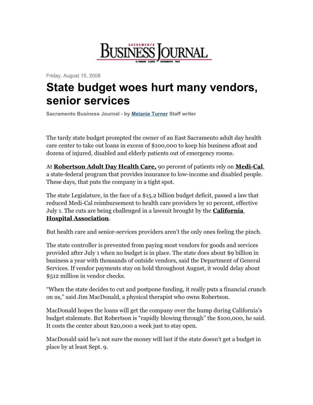 State Budget Woes Hurt Many Vendors, Senior Services
