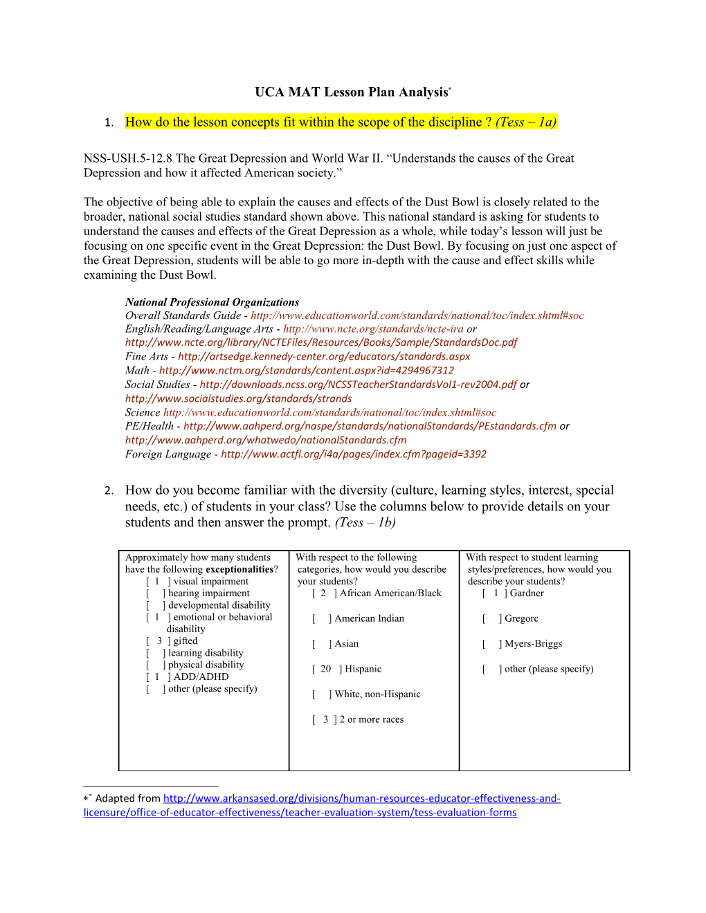 UCA MAT Lesson Plan Analysis