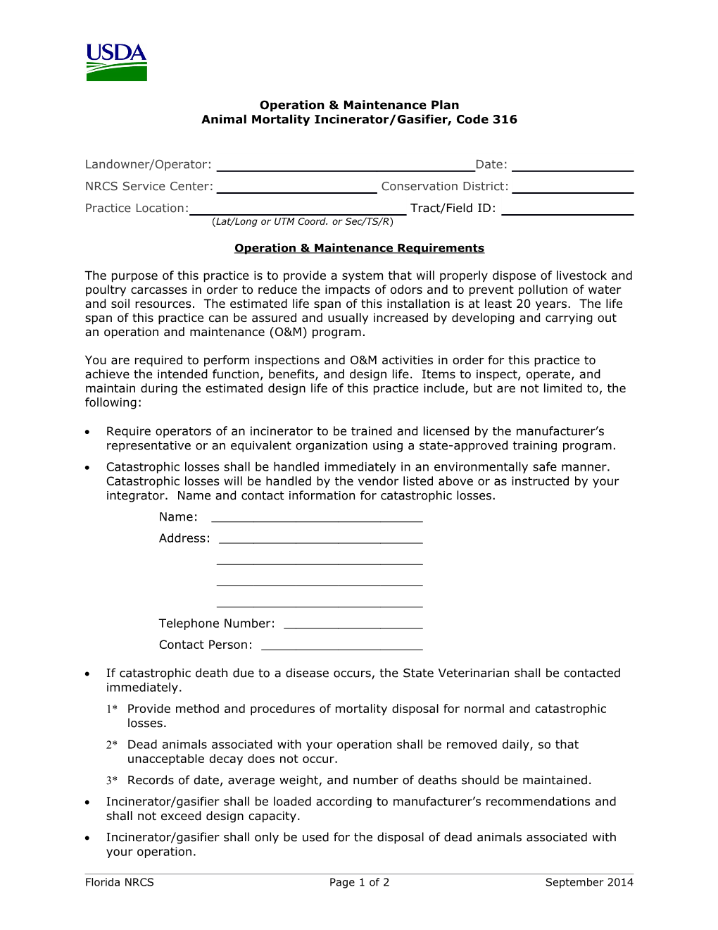 Operation and Maintenance Plan Animal Mortality Incinerator/Gasifier, Code 316