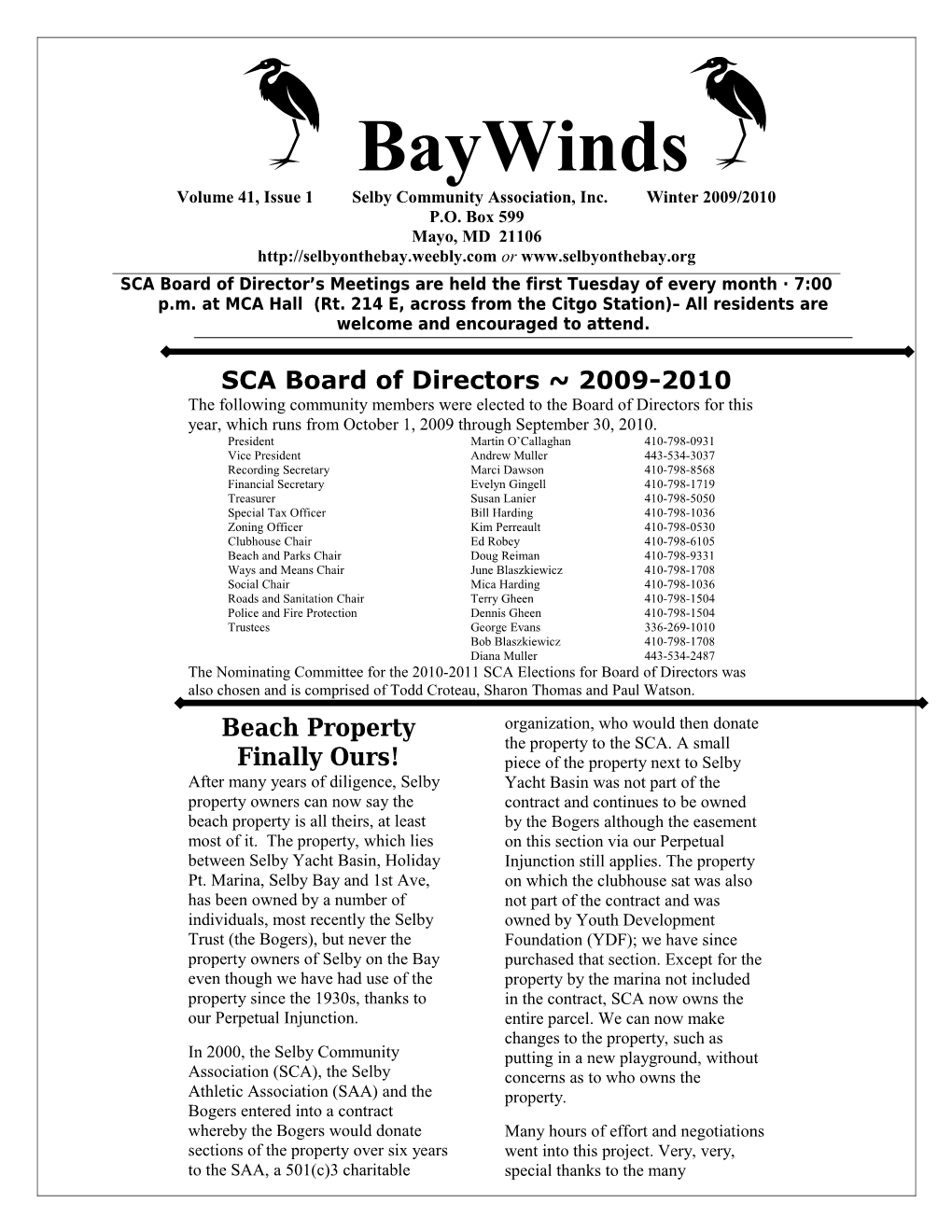 Volume 41, Issue 1 Selby Community Association, Inc. Winter 2009/2010