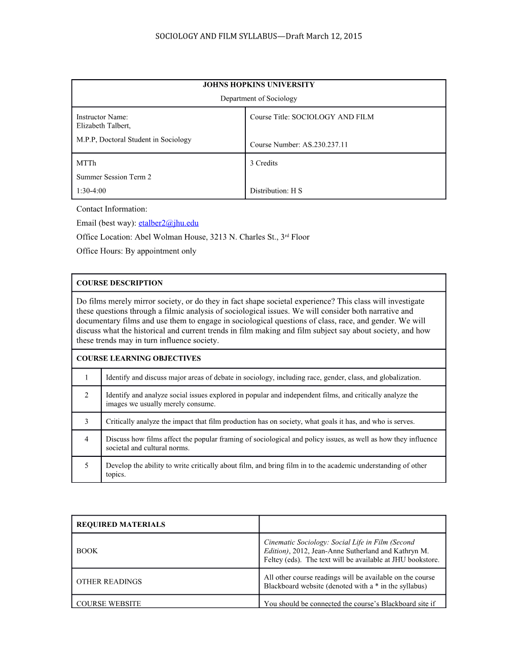 SOCIOLOGY and FILM SYLLABUS Draft March 12, 2015