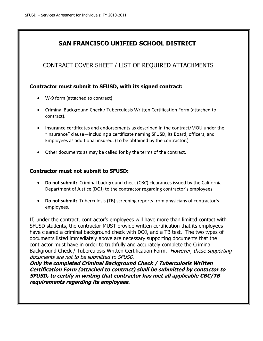 SFUSD Services Agreement for Individuals: FY 2010-2011