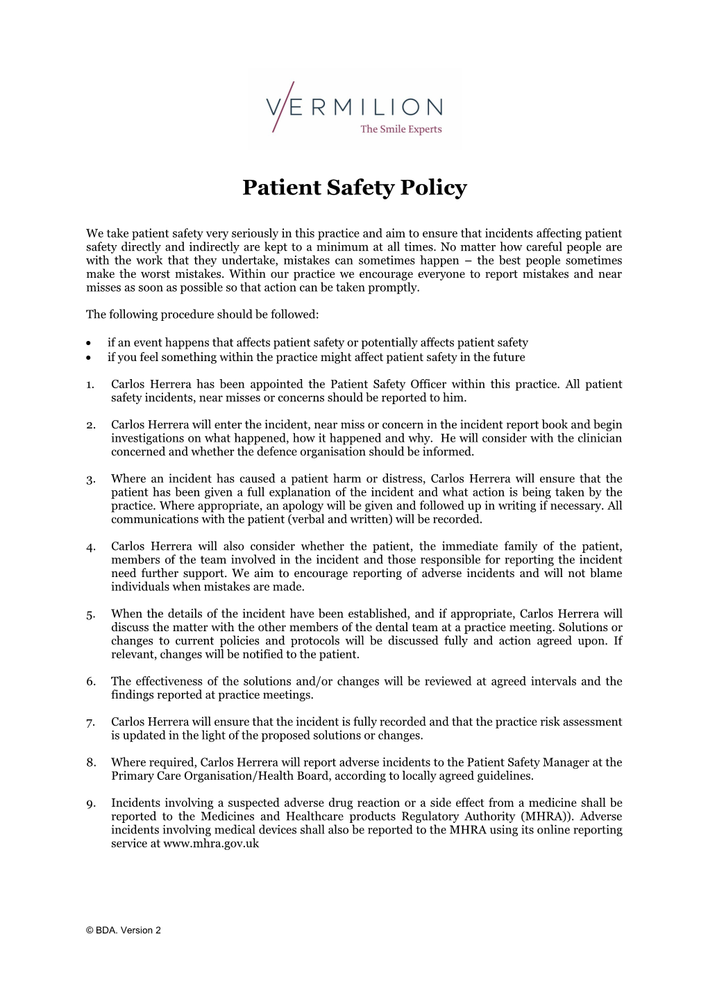 Model Policy for Patient Safety