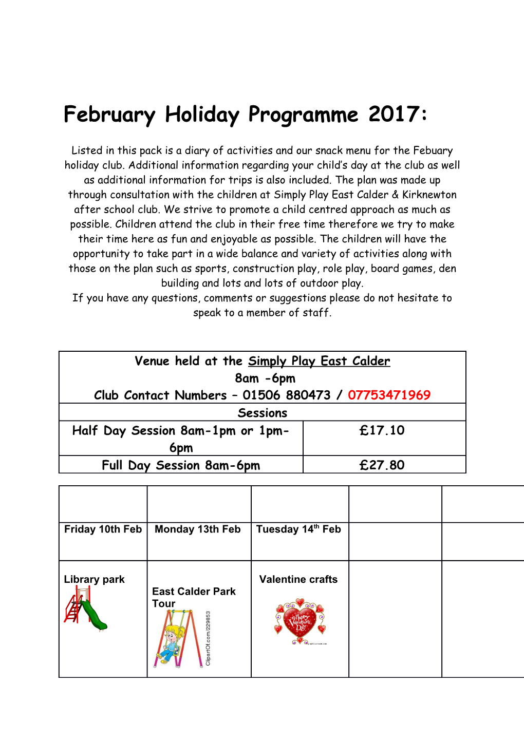 February Holiday Programme 2017