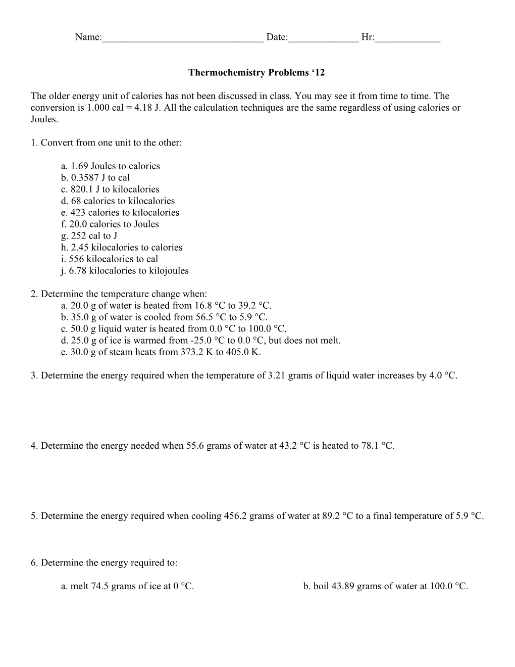 Thermochemistry Problems - Worksheet Number Two