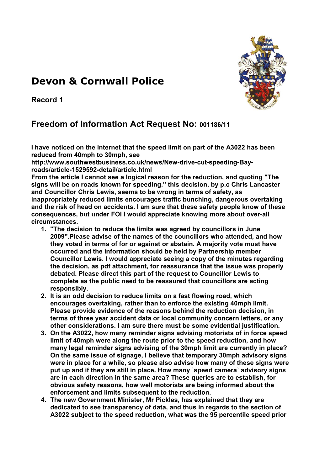 Freedom of Information Act Request No:001186/11